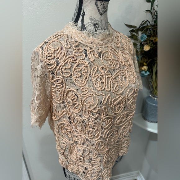 Zara Embroidered Roping Embellished Boxy Shear Tan Lace Blouse size Large - Picture 4 of 8